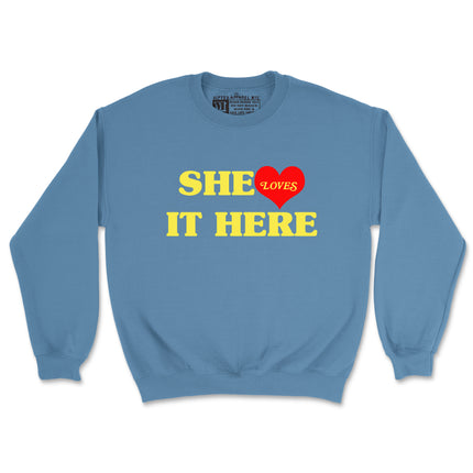 SHE LOVES IT HERE (UNISEX FIT) CREWNECK RED HEART (BOGO FREE!!!!)