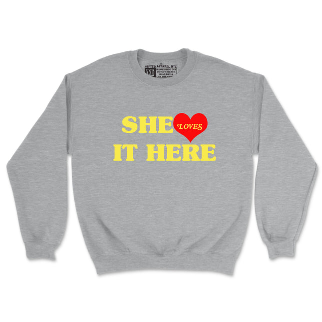 SHE LOVES IT HERE (UNISEX FIT) CREWNECK RED HEART (BOGO FREE!!!!)